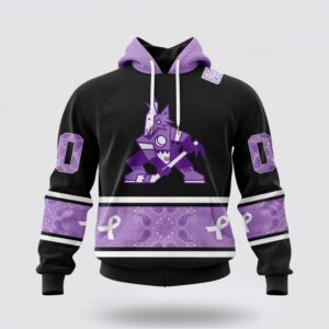 Personalized NHL Arizona Coyotes All Over Print Hoodie Special Black And Lavender Hockey Fight Cancer Design Hoodie 1