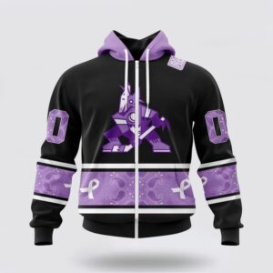 Personalized NHL Arizona Coyotes All Over Print Hoodie Special Black And Lavender Hockey Fight Cancer Design Hoodie 2