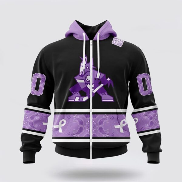 Personalized NHL Arizona Coyotes All Over Print Hoodie Special Black And Lavender Hockey Fight Cancer Design Hoodie
