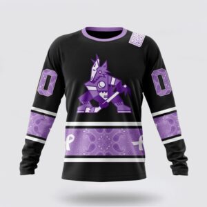 Personalized NHL Arizona Coyotes Crewneck Sweatshirt Special Black And Lavender Hockey Fight Cancer Design Sweatshirt 1