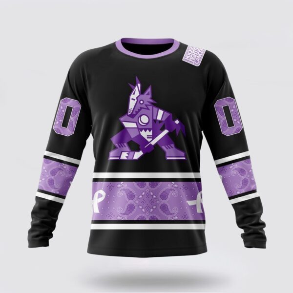 Personalized NHL Arizona Coyotes Crewneck Sweatshirt Special Black And Lavender Hockey Fight Cancer Design Sweatshirt