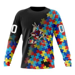Personalized NHL Arizona Coyotes Crewneck Sweatshirt Special Black Autism Awareness Design 1