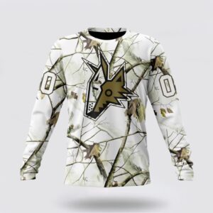 Personalized NHL Arizona Coyotes Crewneck Sweatshirt Special White Winter Hunting Camo Design Sweatshirt 1