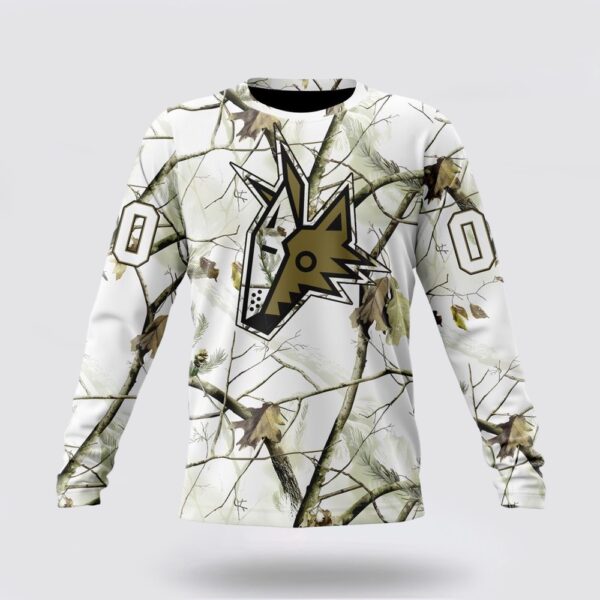 Personalized NHL Arizona Coyotes Crewneck Sweatshirt Special White Winter Hunting Camo Design Sweatshirt