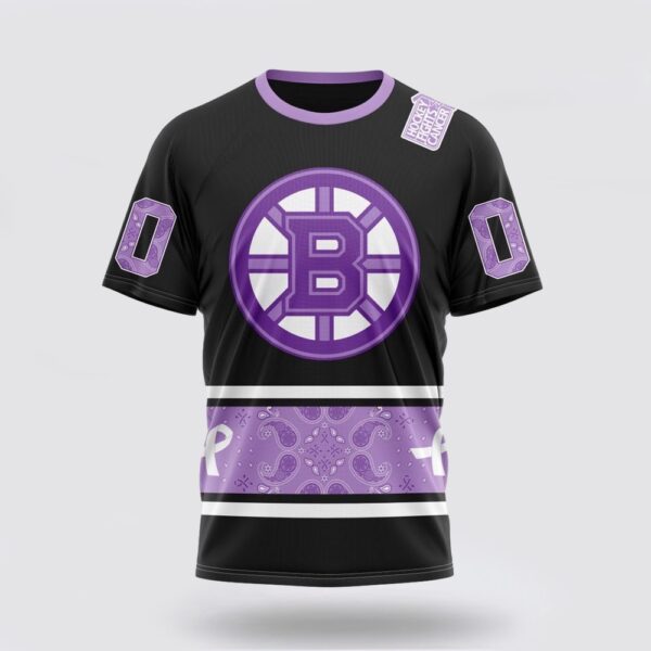 Personalized NHL Boston Bruins 3D T Shirt Special Black And Lavender Hockey Fight Cancer Design T Shirt