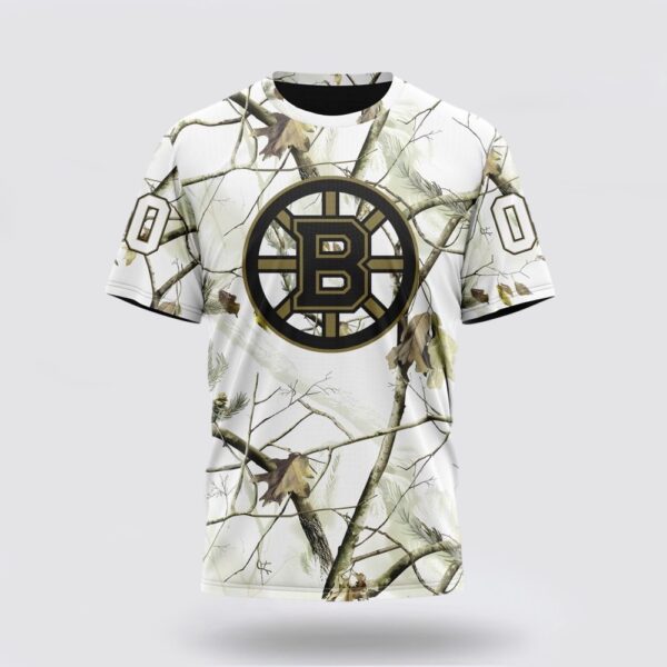 Personalized NHL Boston Bruins 3D T Shirt Special White Winter Hunting Camo Design T Shirt