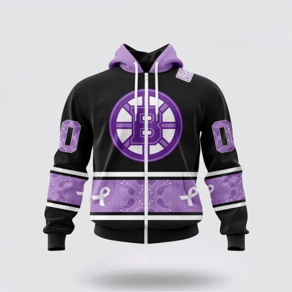 Personalized NHL Boston Bruins All Over Print Hoodie Special Black And Lavender Hockey Fight Cancer Design Hoodie