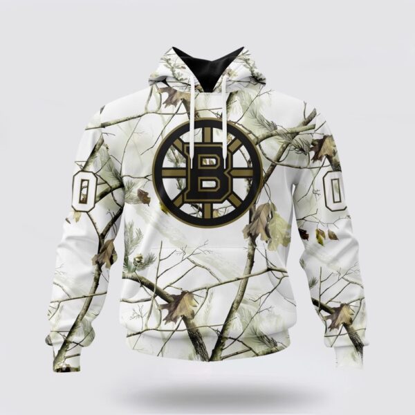 Personalized NHL Boston Bruins All Over Print Hoodie Special White Winter Hunting Camo Design Hoodie