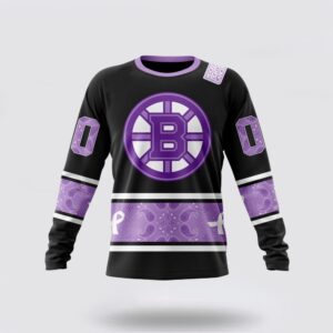Personalized NHL Boston Bruins Crewneck Sweatshirt Special Black And Lavender Hockey Fight Cancer Design Sweatshirt 1