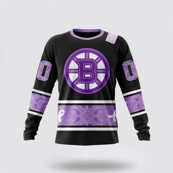 Personalized NHL Boston Bruins Crewneck Sweatshirt Special Black And Lavender Hockey Fight Cancer Design Sweatshirt