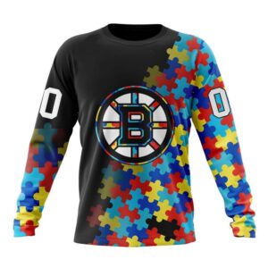 Personalized NHL Boston Bruins Crewneck Sweatshirt Special Black Autism Awareness Design 1