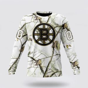 Personalized NHL Boston Bruins Crewneck Sweatshirt Special White Winter Hunting Camo Design Sweatshirt 1