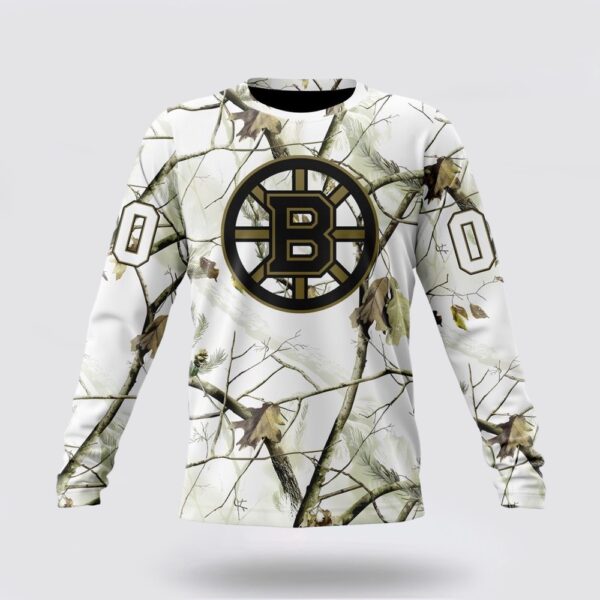 Personalized NHL Boston Bruins Crewneck Sweatshirt Special White Winter Hunting Camo Design Sweatshirt
