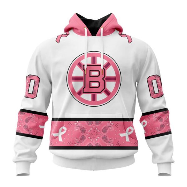 Personalized NHL Boston Bruins Hoodie In Classic Style With Paisley In October We Wear Pink Breast Cancer Hoodie