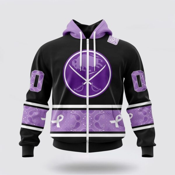 Personalized NHL Buffalo Sabres All Over Print Hoodie Special Black And Lavender Hockey Fight Cancer Design Hoodie