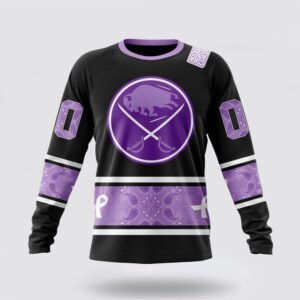 Personalized NHL Buffalo Sabres Crewneck Sweatshirt Special Black And Lavender Hockey Fight Cancer Design Sweatshirt 1