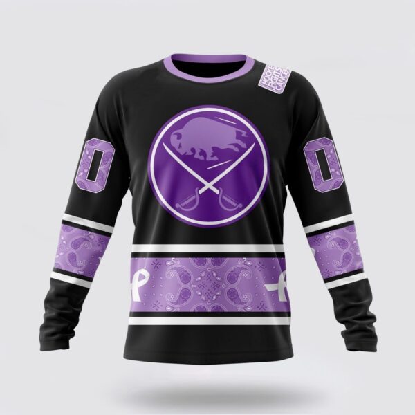 Personalized NHL Buffalo Sabres Crewneck Sweatshirt Special Black And Lavender Hockey Fight Cancer Design Sweatshirt