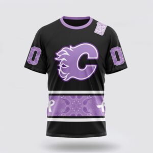 Personalized NHL Calgary Flames 3D T Shirt Special Black And Lavender Hockey Fight Cancer Design T Shirt 1