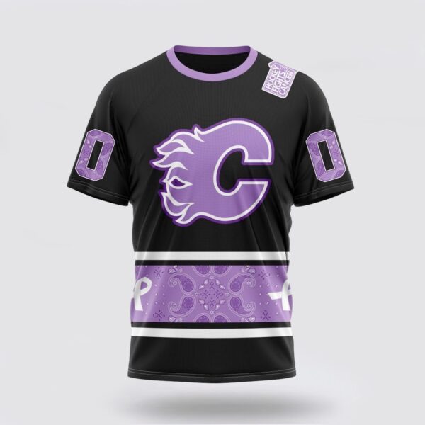 Personalized NHL Calgary Flames 3D T Shirt Special Black And Lavender Hockey Fight Cancer Design T Shirt