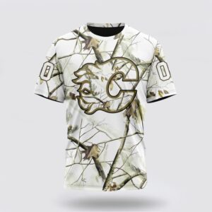 Personalized NHL Calgary Flames 3D T Shirt Special White Winter Hunting Camo Design T Shirt 1