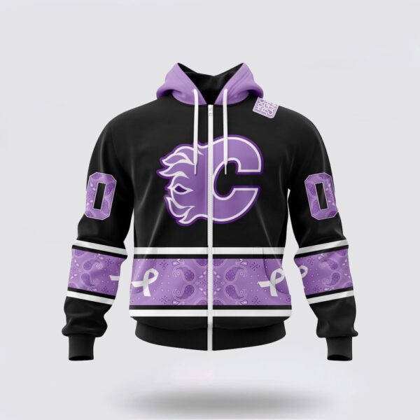 Personalized NHL Calgary Flames All Over Print Hoodie Special Black And Lavender Hockey Fight Cancer Design Hoodie