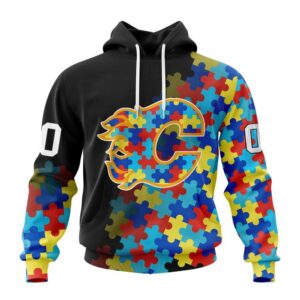 Personalized NHL Calgary Flames All Over Print Hoodie Special Black Autism Awareness Design Hoodie 1