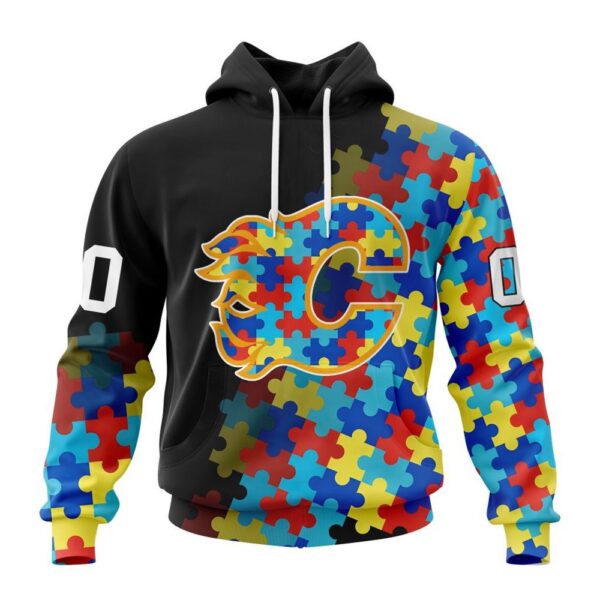 Personalized NHL Calgary Flames All Over Print Hoodie Special Black Autism Awareness Design Hoodie