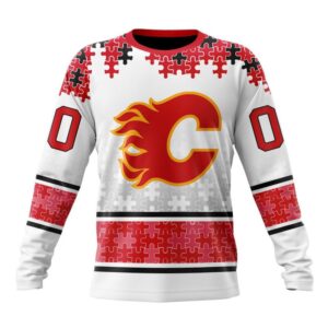 Personalized NHL Calgary Flames Crewneck Sweatshirt Special Autism Awareness Design With Home Jersey Style 1