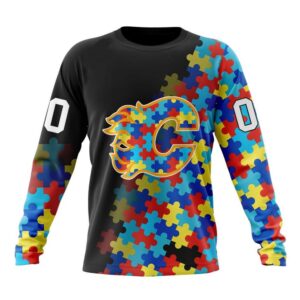 Personalized NHL Calgary Flames Crewneck Sweatshirt Special Black Autism Awareness Design 1