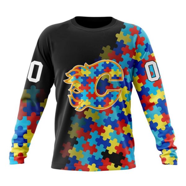 Personalized NHL Calgary Flames Crewneck Sweatshirt Special Black Autism Awareness Design