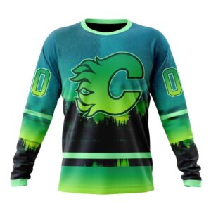 Personalized NHL Calgary Flames Special Crewneck Sweatshirt Design With Northern Light Full Printed Sweatshirt 1