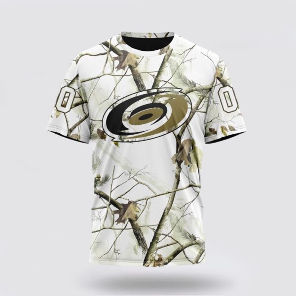 Personalized NHL Carolina Hurricanes 3D T Shirt Special White Winter Hunting Camo Design T Shirt