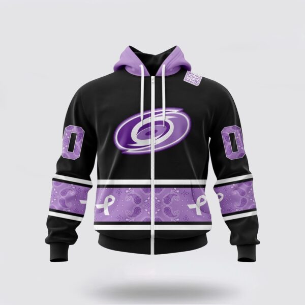 Personalized NHL Carolina Hurricanes All Over Print Hoodie Special Black And Lavender Hockey Fight Cancer Design Hoodie