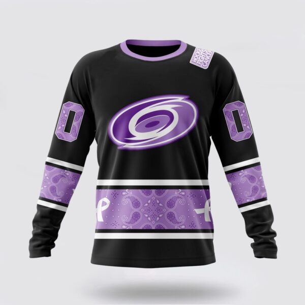 Personalized NHL Carolina Hurricanes Crewneck Sweatshirt Special Black And Lavender Hockey Fight Cancer Design Sweatshirt