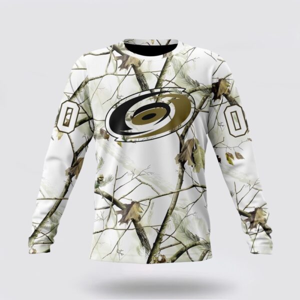 Personalized NHL Carolina Hurricanes Crewneck Sweatshirt Special White Winter Hunting Camo Design Sweatshirt