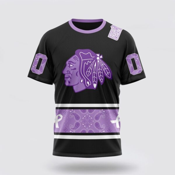 Personalized NHL Chicago Blackhawks 3D T Shirt Special Black And Lavender Hockey Fight Cancer Design T Shirt