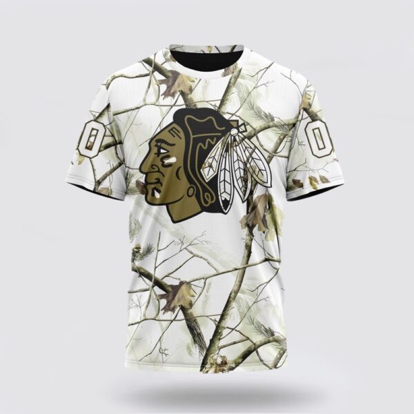 Personalized NHL Chicago Blackhawks 3D T Shirt Special White Winter Hunting Camo Design T Shirt