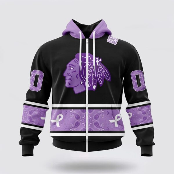 Personalized NHL Chicago Blackhawks All Over Print Hoodie Special Black And Lavender Hockey Fight Cancer Design Hoodie