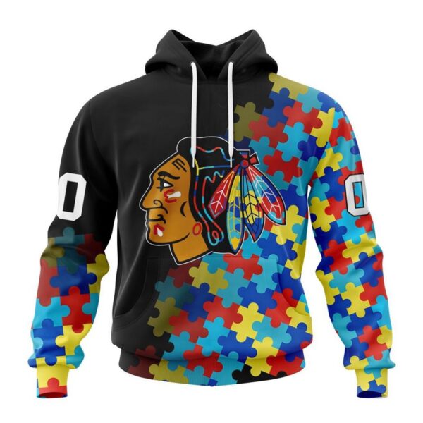 Personalized NHL Chicago Blackhawks All Over Print Hoodie Special Black Autism Awareness Design Hoodie