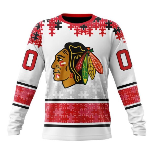 Personalized NHL Chicago Blackhawks Crewneck Sweatshirt Special Autism Awareness Design With Home Jersey Style