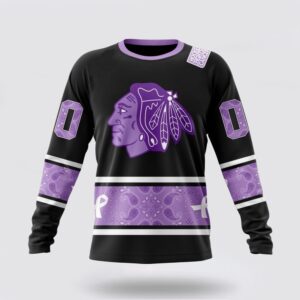 Personalized NHL Chicago Blackhawks Crewneck Sweatshirt Special Black And Lavender Hockey Fight Cancer Design Sweatshirt 1