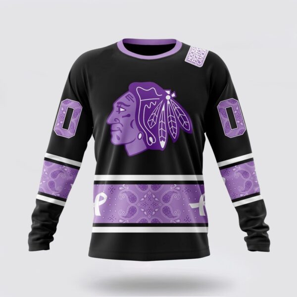 Personalized NHL Chicago Blackhawks Crewneck Sweatshirt Special Black And Lavender Hockey Fight Cancer Design Sweatshirt