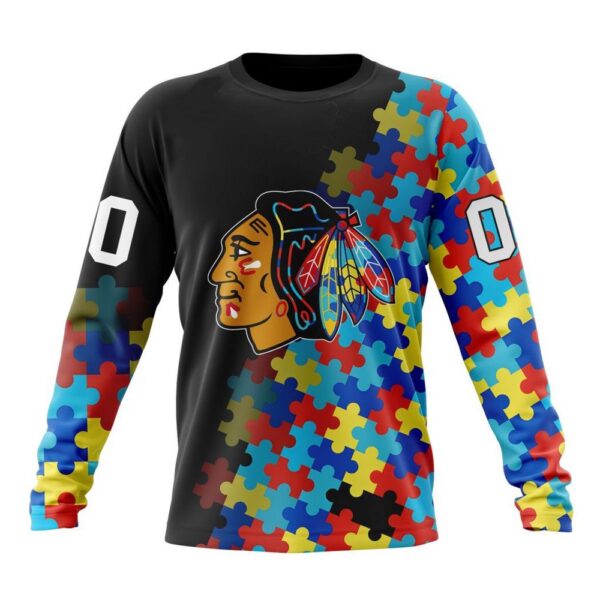 Personalized NHL Chicago Blackhawks Crewneck Sweatshirt Special Black Autism Awareness Design