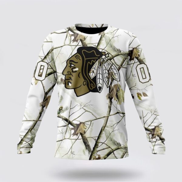 Personalized NHL Chicago Blackhawks Crewneck Sweatshirt Special White Winter Hunting Camo Design Sweatshirt