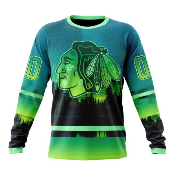 Personalized NHL Chicago Blackhawks Special Crewneck Sweatshirt Design With Northern Light Full Printed Sweatshirt