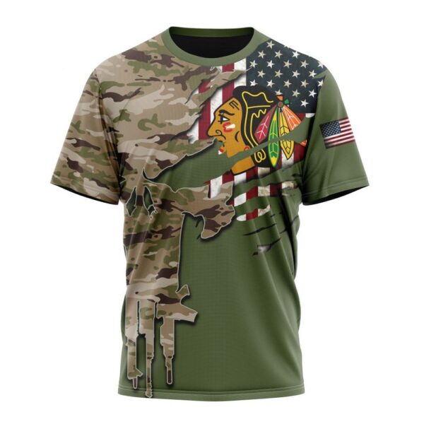 Personalized NHL Chicago Blackhawks T-Shirt Special Camo Skull Design T-Shirt