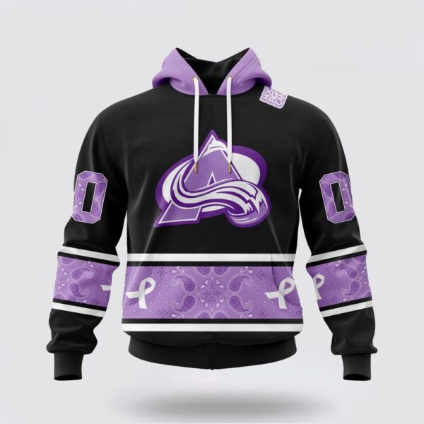 Personalized NHL Colorado Avalanche All Over Print Hoodie Special Black And Lavender Hockey Fight Cancer Design Hoodie