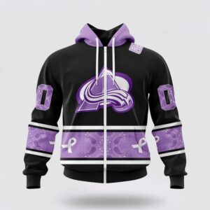 Personalized NHL Colorado Avalanche All Over Print Hoodie Special Black And Lavender Hockey Fight Cancer Design Hoodie 2