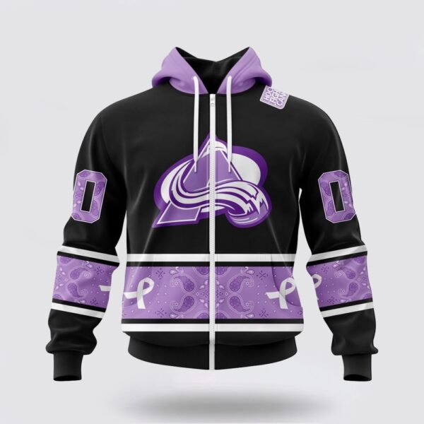 Personalized NHL Colorado Avalanche All Over Print Hoodie Special Black And Lavender Hockey Fight Cancer Design Hoodie