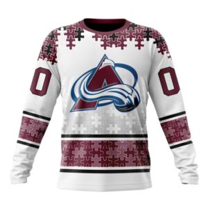 Personalized NHL Colorado Avalanche Crewneck Sweatshirt Special Autism Awareness Design With Home Jersey Style 1